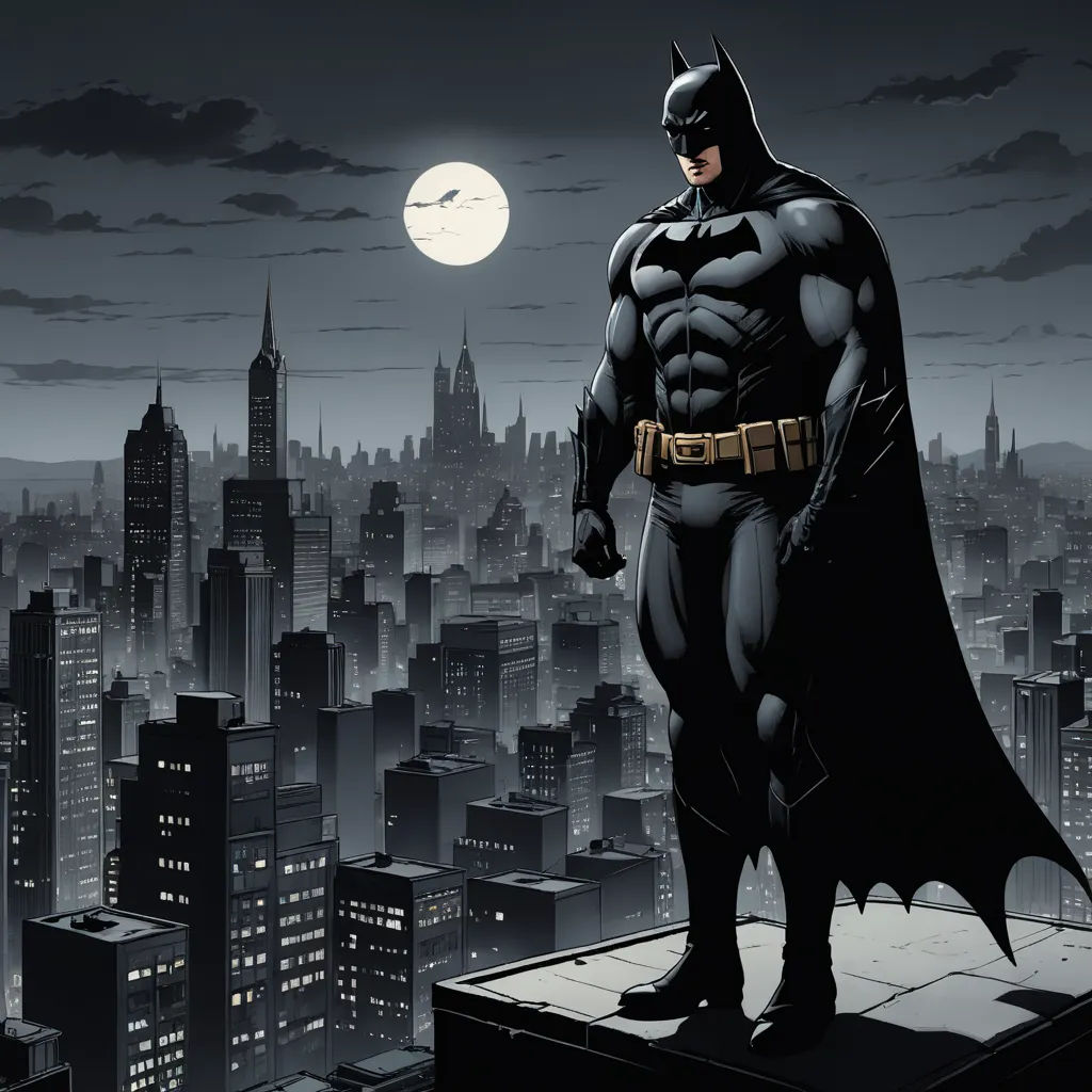 a batman standing on a roof in front of a city skyline at night with a full moon in the sky, gothic art, a comic book panel, Eddie Mendoza, dark night