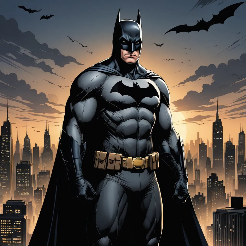 a batman standing in front of a city skyline at night with his cape open and his eyes closed,, gothic art, a comic book panel, Altichiero, dark night