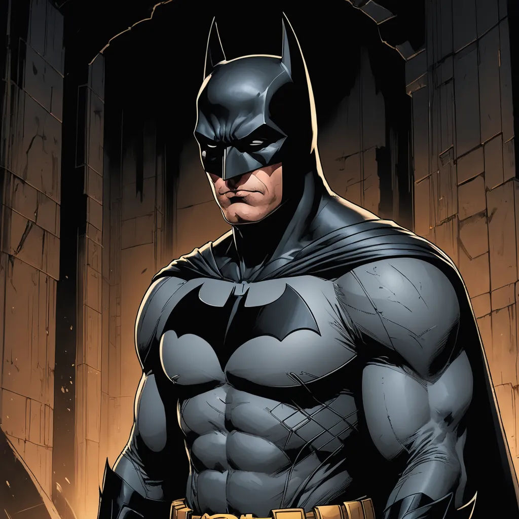 a man in a batman costume standing in a cave with his hands on his hips and his right hand on his hip, photorealism, a comic book panel, Artgerm, dark night