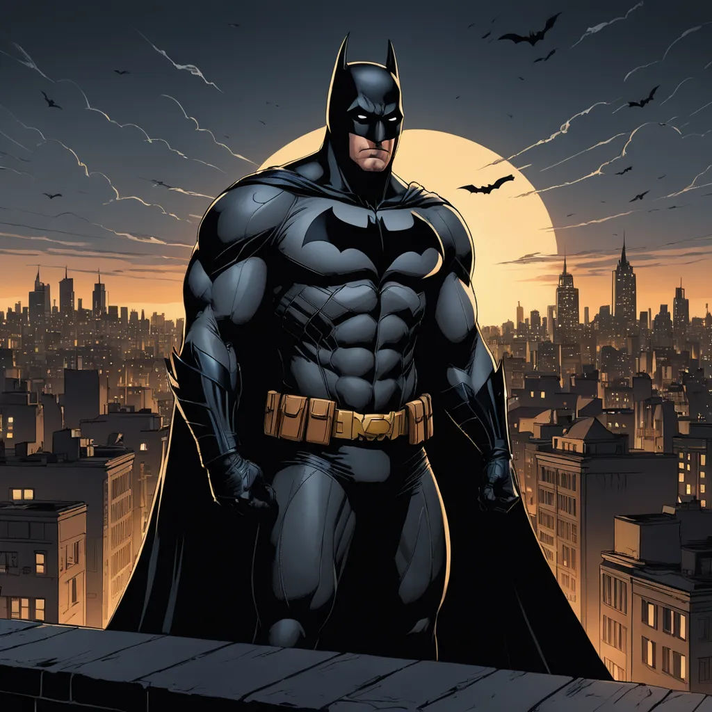 a batman standing on a rooftop in front of a city skyline at night with a full moon in the background, gothic art, a comic book panel, Eddie Mendoza, dark night