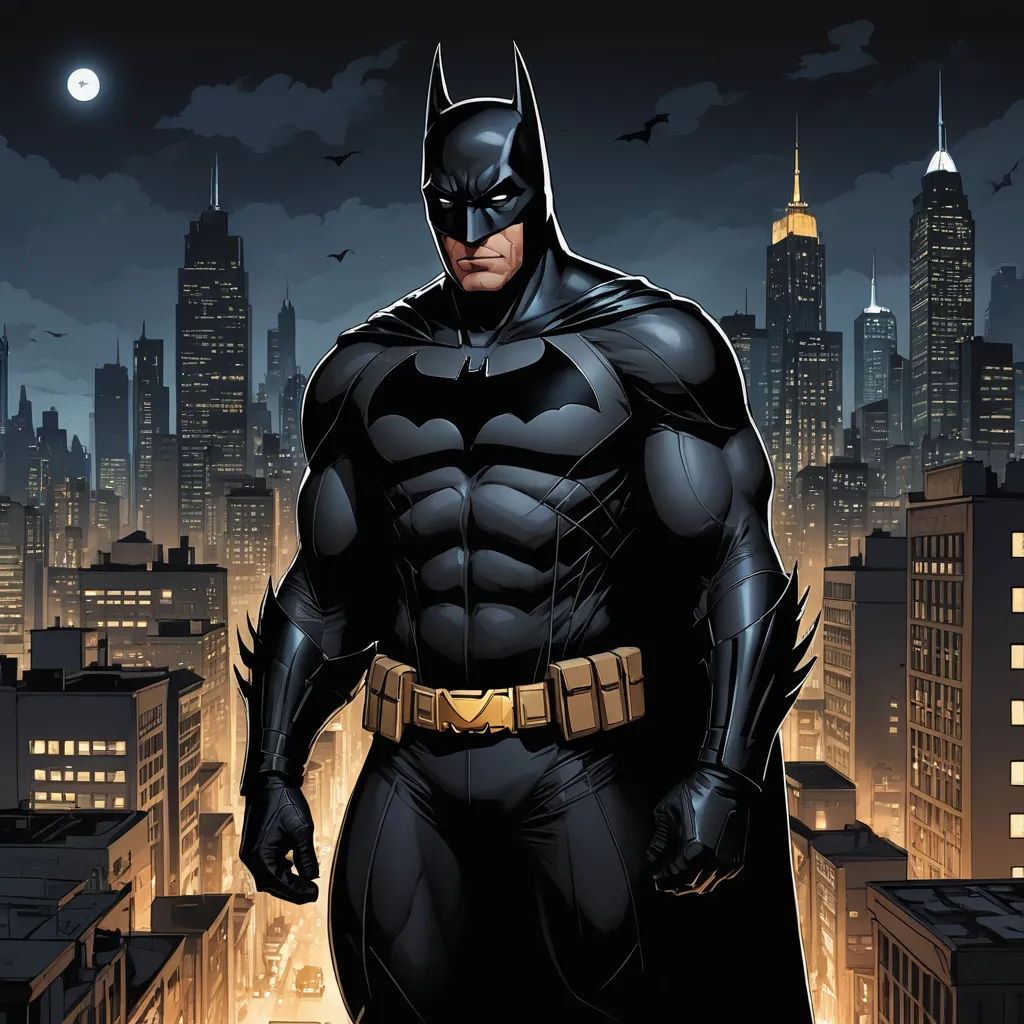 a batman standing in front of a city skyline at night with a full moon in the background and a full moon in the sky, gothic art, a comic book panel, Eddie Mendoza, dark night