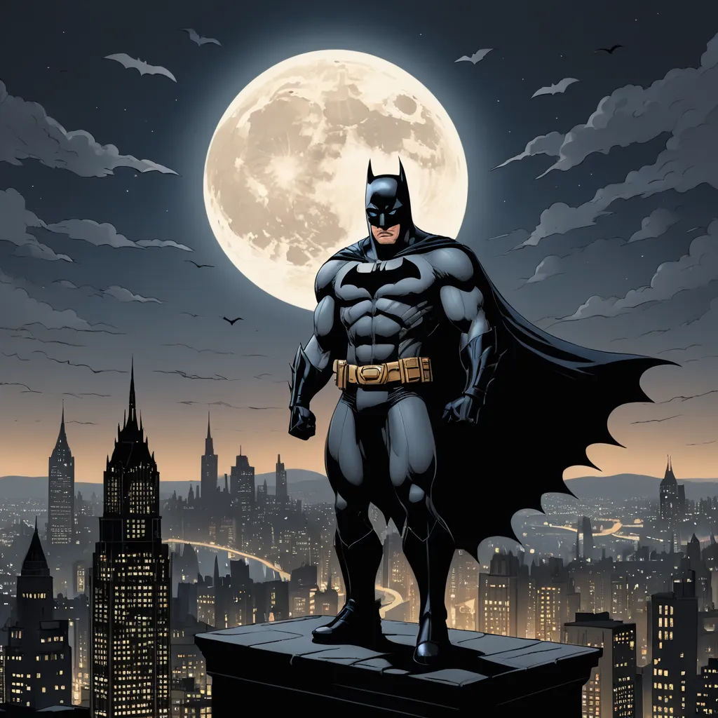 a batman standing on a ledge in front of a full moon and cityscape with a full moon in the background, gothic art, a comic book panel, Dan Mumford, dark night