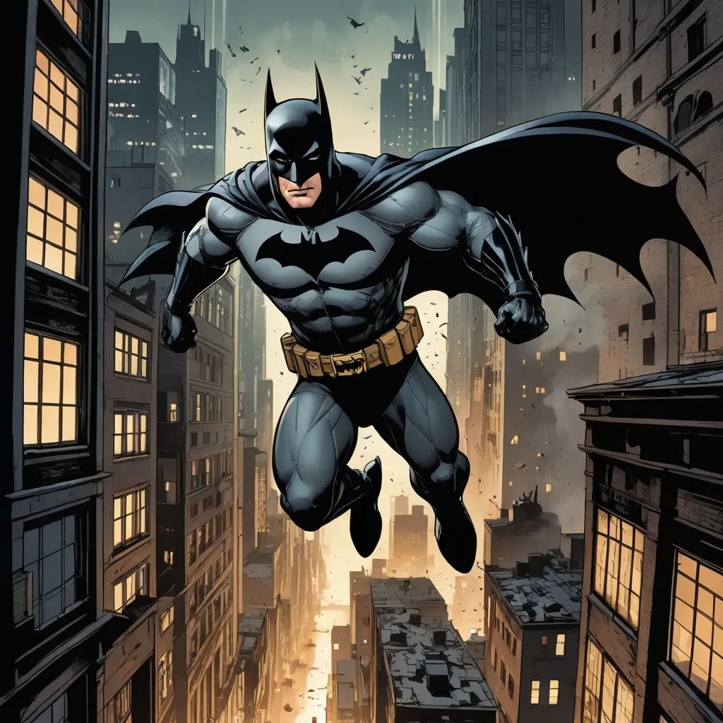 a batman flying through the air over a cityscape with buildings and a sky background at night time, altermodern, a comic book panel, Andrew Robinson, dark night