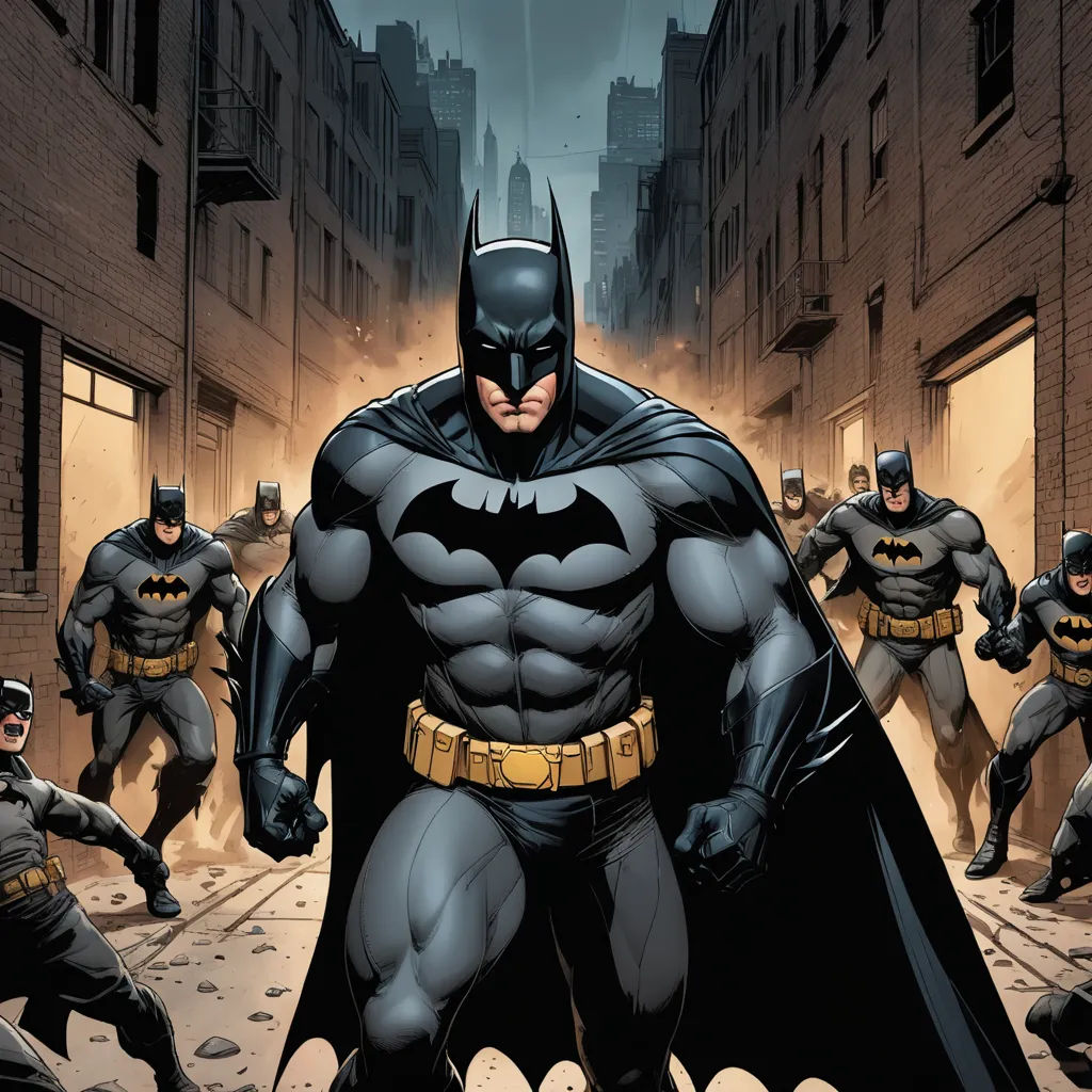 a group of batmans are in a city street with buildings and a man in a suit is standing in front of them, photorealism, a comic book panel, Andrew Robinson, dark night