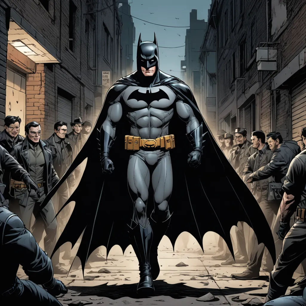 a batman standing in front of a crowd of people in a city street with a man in a suit, gothic art, a comic book panel, Andrew Robinson, dark night