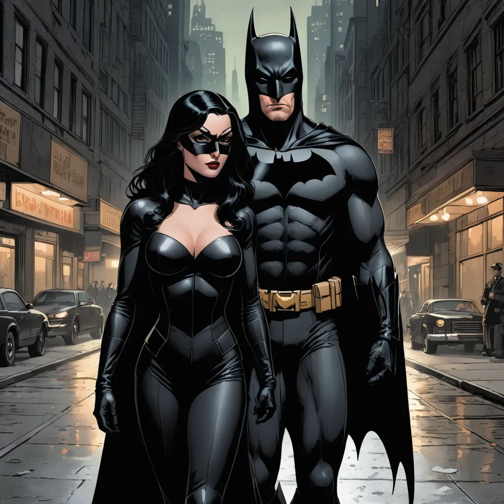 a couple of batman and catwoman standing in the rain in a city street at night time, with a man in the background, international gothic, a comic book panel, Artgerm, comic cover art