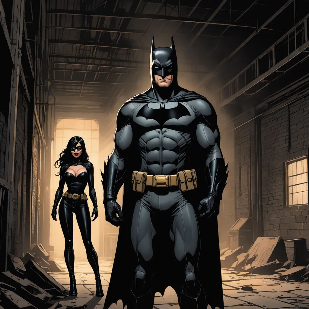 a batman and a catwoman standing in a building together in a scene from batman the dark knight returns, international gothic, a comic book panel, Andrew Robinson, comic cover art