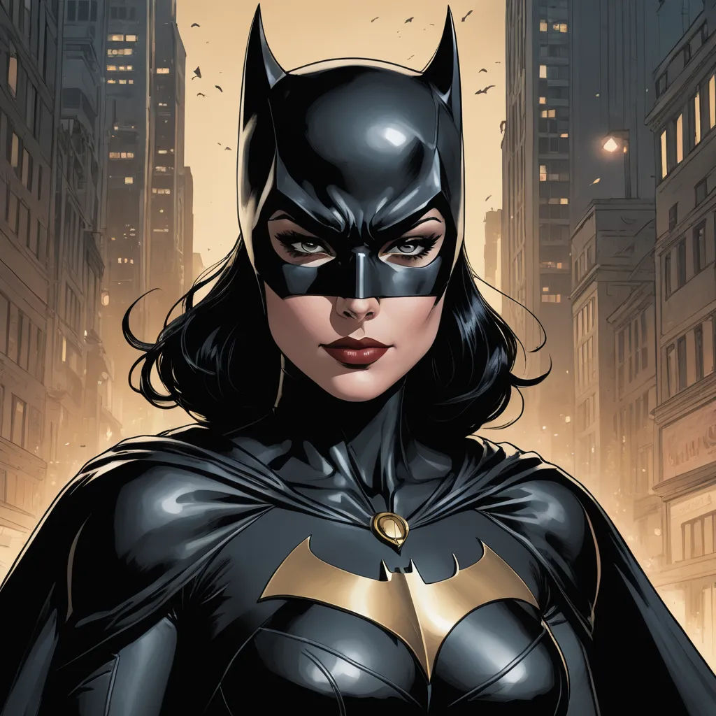 a woman in a batman costume standing in a city at night with a bat on her chest and a city skyline behind her, photorealism, a comic book panel, Artgerm, comic cover art