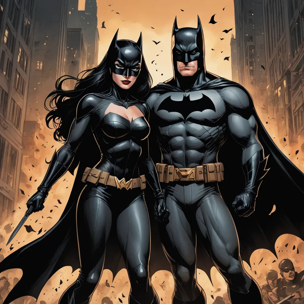 a batman and a batgirl standing in a city street with a skull in the background and a city skyline, international gothic, a comic book panel, Artgerm, comic cover art