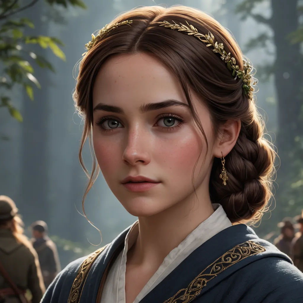 a woman with a braid in a dress and a crown on her head, in a forest with people, photorealism, a photorealistic painting, Clint Cearley, cgstudio