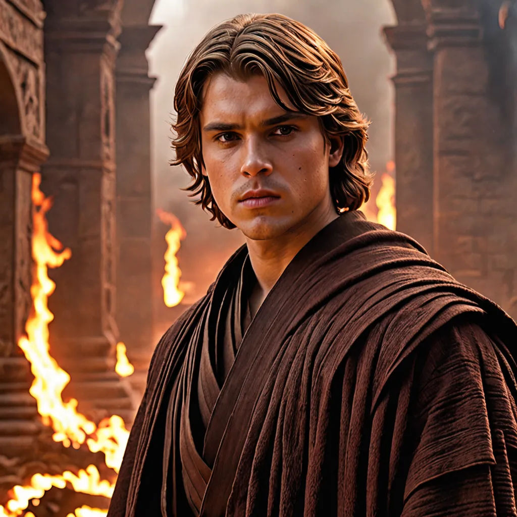 a man in a robe standing in front of a fire filled building with flames coming out of it and a man in the background, antipodeans, a detailed matte painting, Edward George Handel Lucas, promotional image