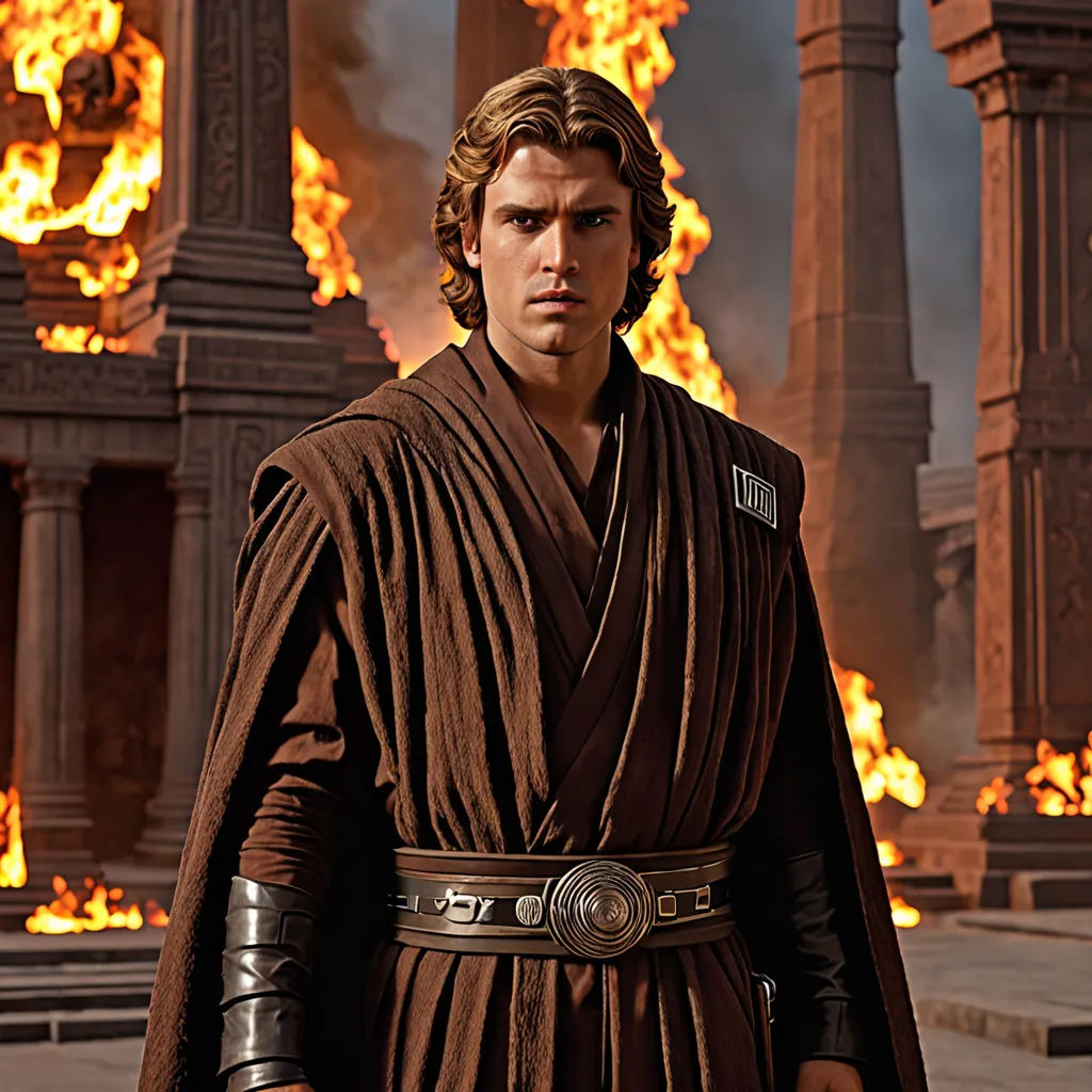 a man in a brown robe standing in front of a fire filled building with columns and pillars in the background, dau-al-set, a bronze sculpture, Edward George Handel Lucas, promotional image