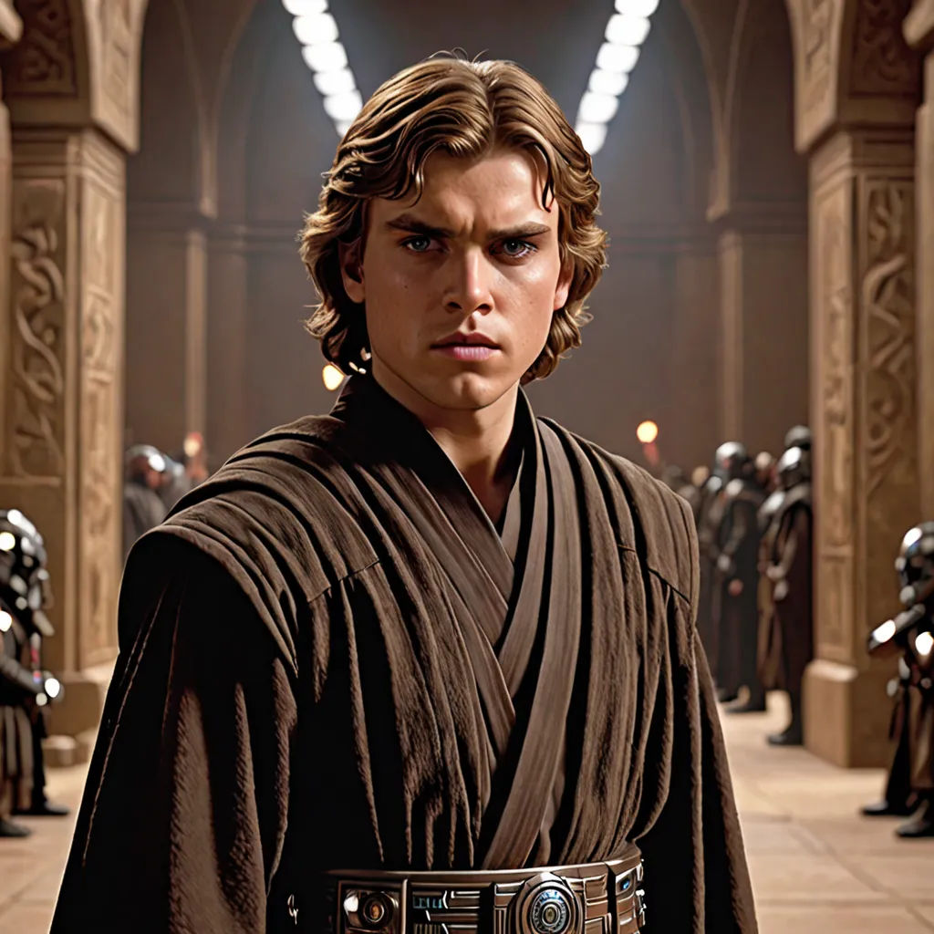 a man in a star wars costume standing in a hallway with other men in the background and lights on, antipodeans, a character portrait, Edward George Handel Lucas, promotional image