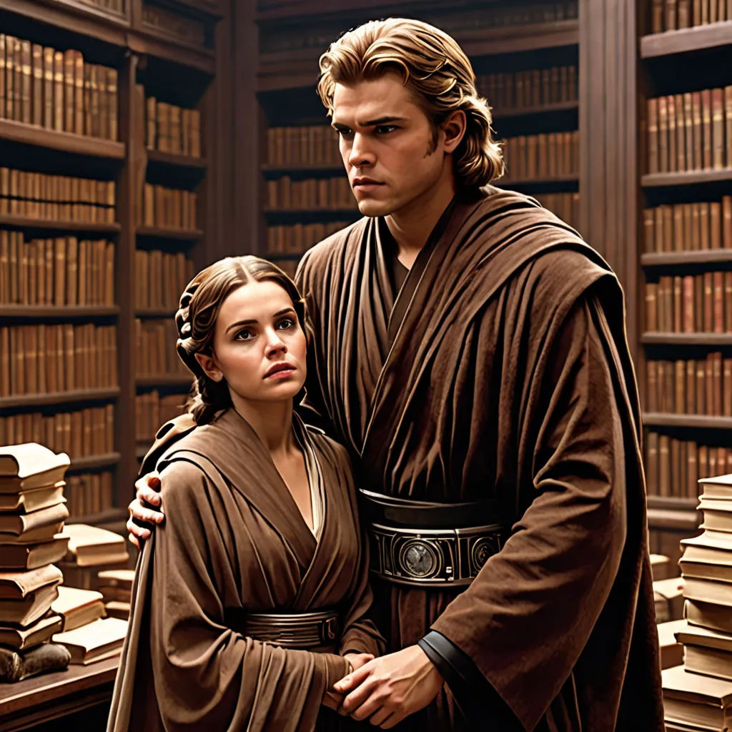 a man and a woman standing in front of a book shelf filled with books and bookshelves filled with books, international gothic, a renaissance painting, Edward George Handel Lucas, promotional image