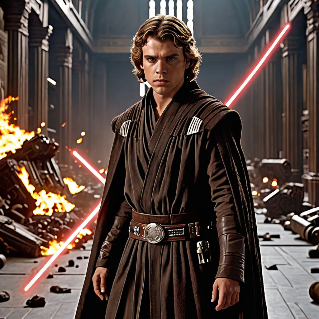 a man in a star wars outfit standing in a room with a lot of fire and smoke behind him, precisionism, poster art, Edward George Handel Lucas, promotional image