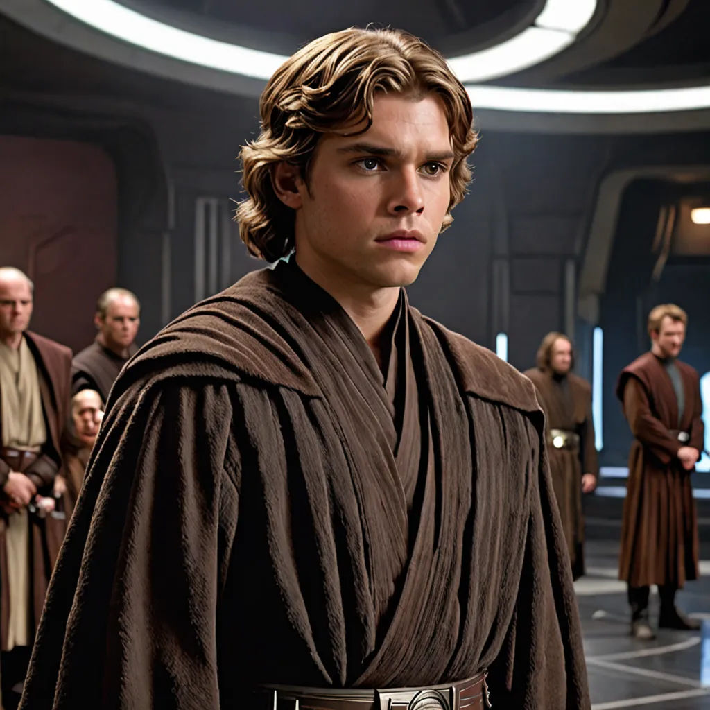 a man in a star wars costume standing in front of a group of people in a room with lights, antipodeans, a renaissance painting, Edward George Handel Lucas, promotional image