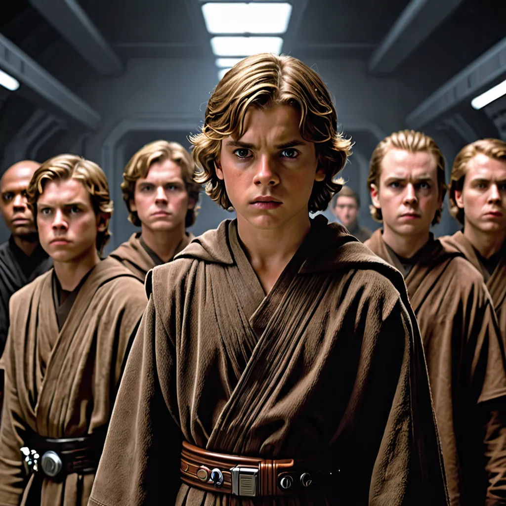 a group of men in star wars outfits standing in a line in a hallway with lights on and one man in the middle of the group, antipodeans, a renaissance painting, Brothers Hildebrandt, promotional image