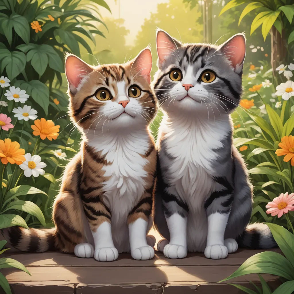 a painting of two cats sitting in a garden of flowers and plants, one is looking at the camera, sots art, a detailed painting, Brothers Hildebrandt, official art
