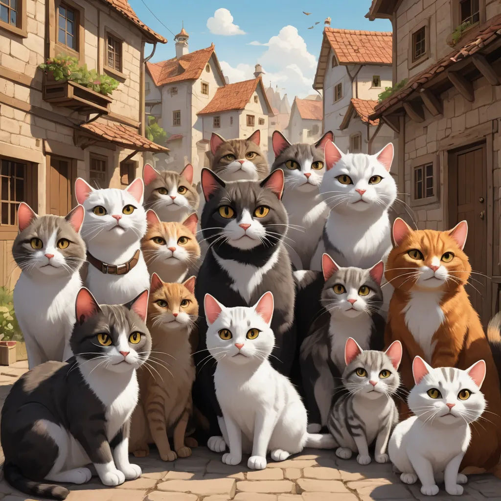 a group of cats sitting on a brick walkway in front of a building with a sky background and a cobblestone walkway, furry art, poster art, Brothers Hildebrandt, official art