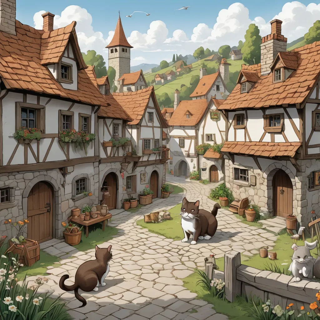 a painting of a village with cats and a dog in the yard of the house and a cat on the sidewalk, fantasy art, a detailed matte painting, Andreas Rocha, kinkade