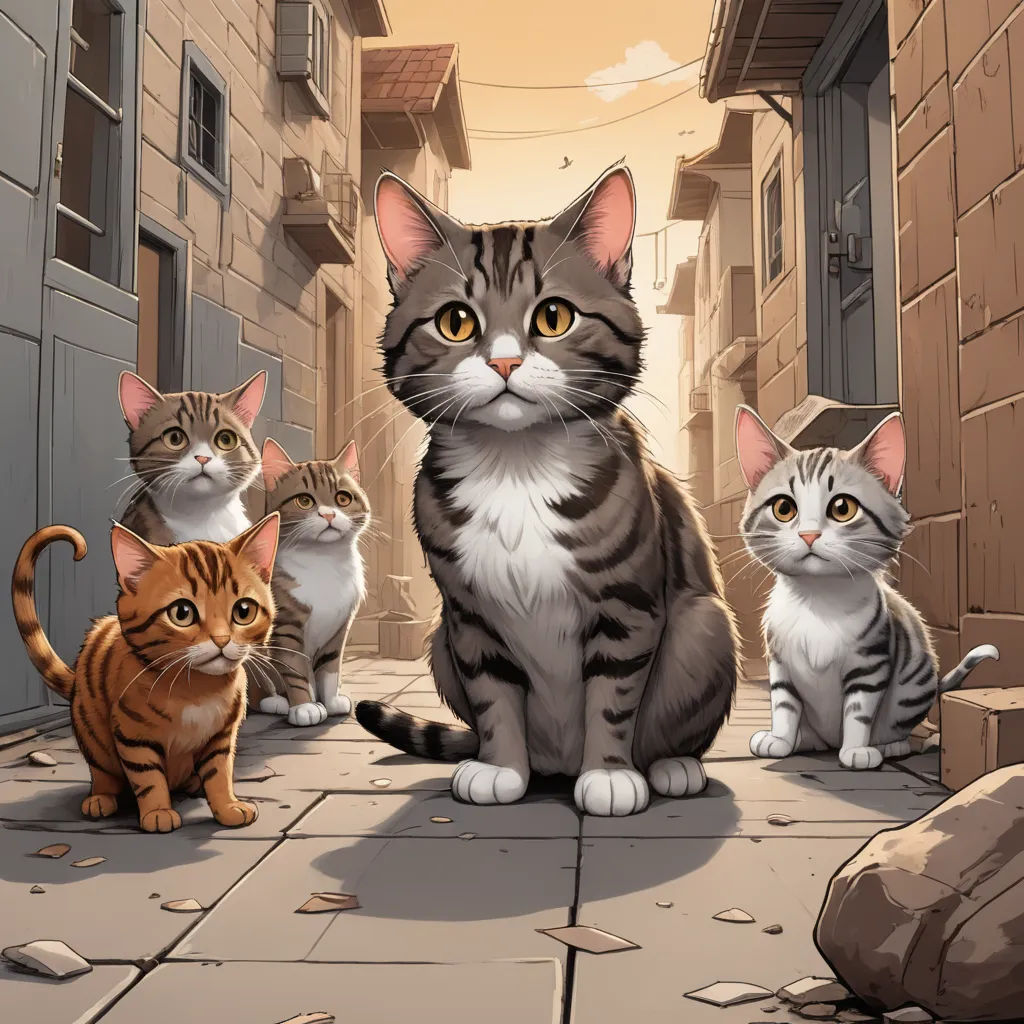 a group of cats sitting on a sidewalk next to a building and a stone wall with a doorway in the background, sots art, a comic book panel, Dan Mumford, comic cover art