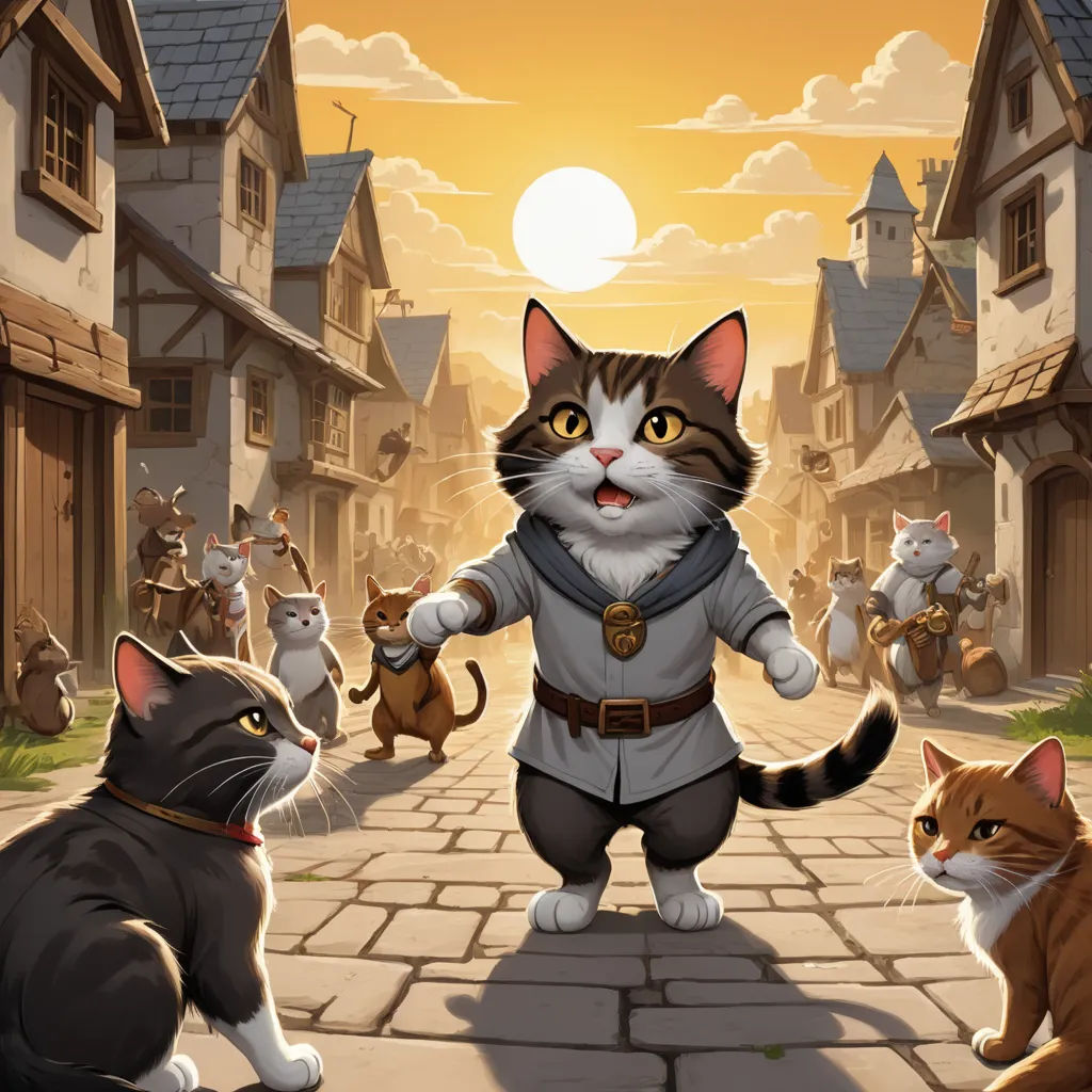 a cat is standing in the middle of a street with other cats around him and a man in a suit, sots art, a storybook illustration, Chris Rallis, key art