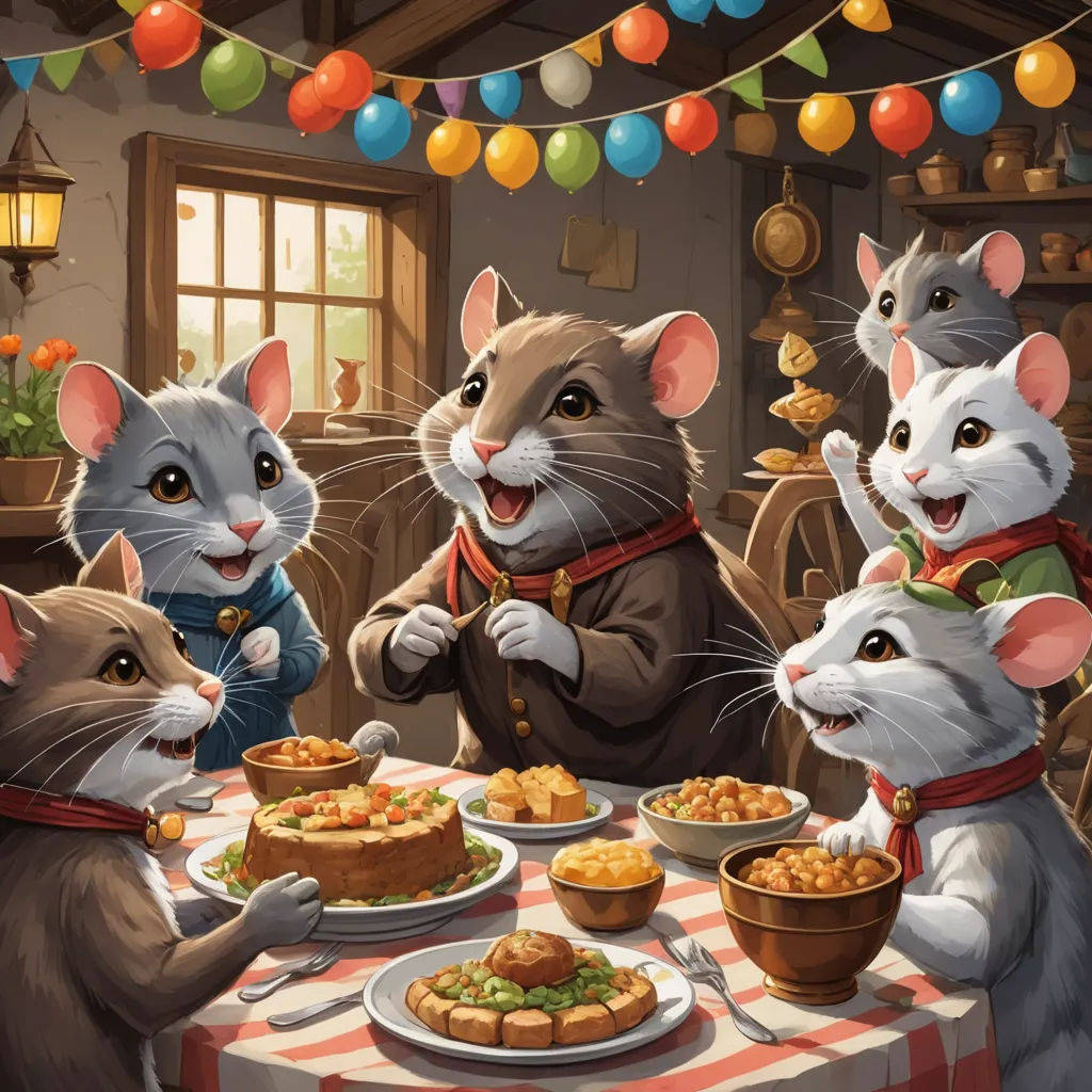 a group of mice sitting around a table eating food and talking to each other while wearing costumes and eating, sots art, a storybook illustration, Chris Rallis, official art