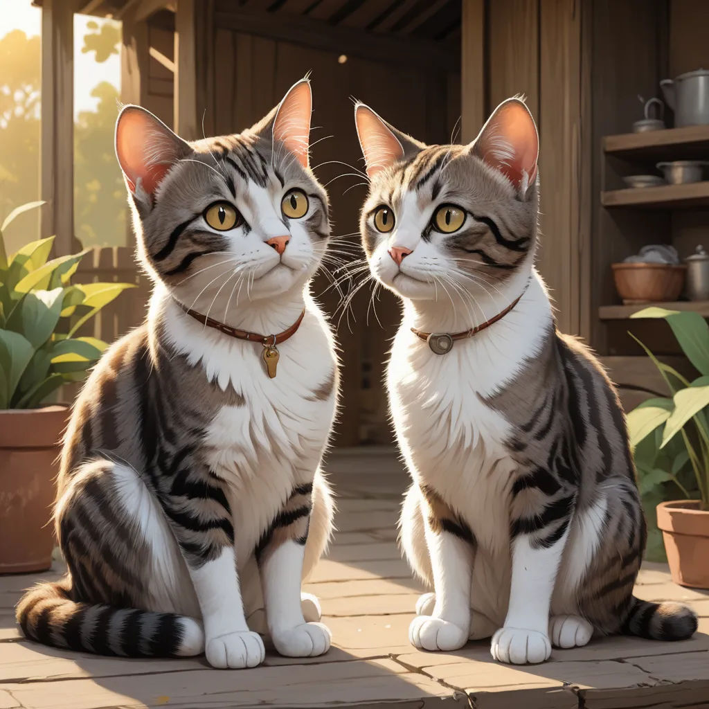 a couple of cats sitting on top of a wooden floor next to each other on a patio next to a potted plant, photorealism, a photorealistic painting, Brothers Hildebrandt, ultra realistic illustration