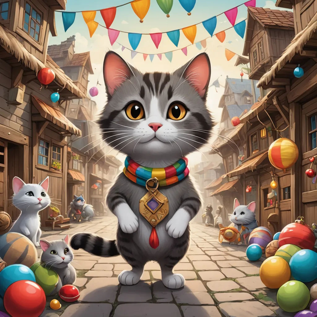 a cat is standing on a cobblestone street with balloons and buntings in the background and a banner with a cat on it, fantasy art, a character portrait, Chris LaBrooy, game art