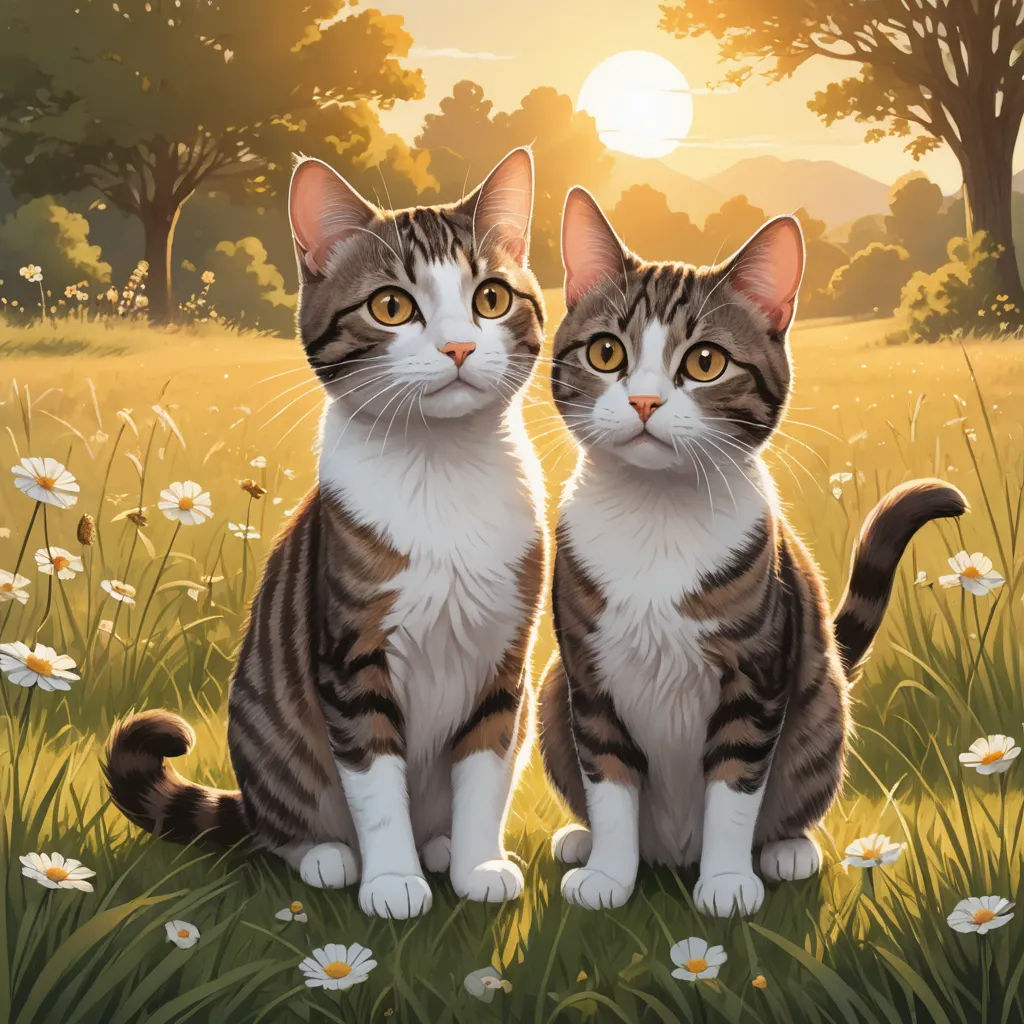 two cats sitting in a field of grass and daisies with the sun in the background and trees in the foreground, sots art, a storybook illustration, Brothers Hildebrandt, official art