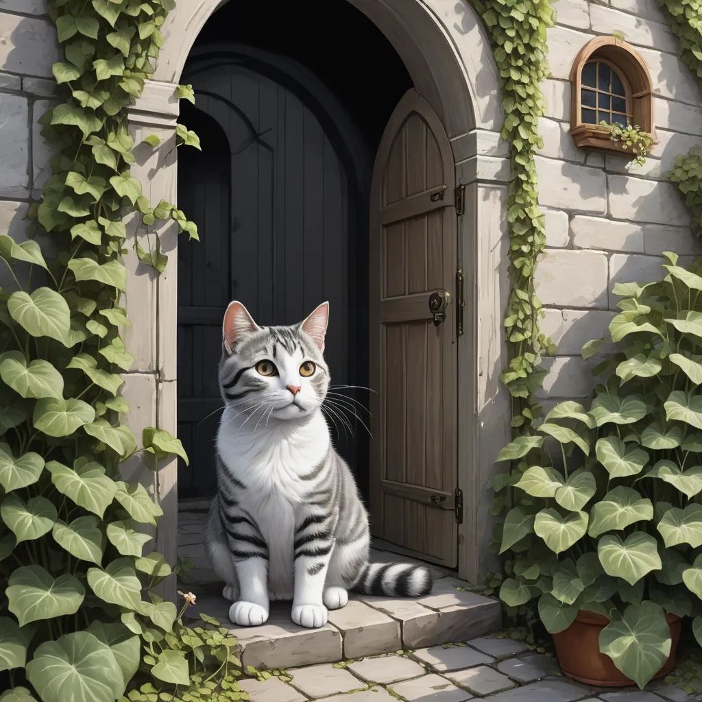 a cat sitting in a doorway with a house in the background and a plant growing on the wall behind it, photorealism, a storybook illustration, Chris LaBrooy, storybook illustration