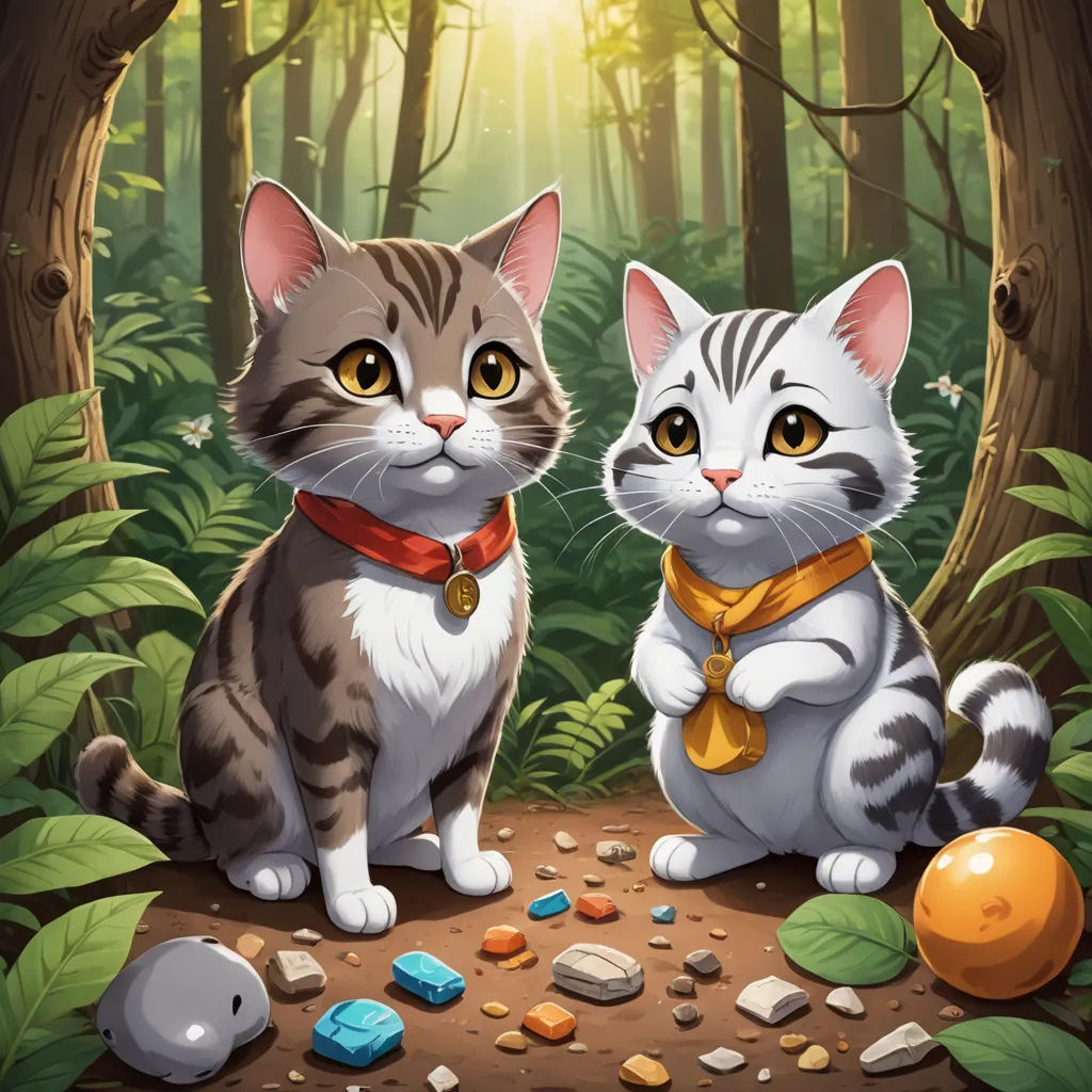 two cats sitting in the woods with a gold collar around their neck and a gold ball in front of them, sots art, a storybook illustration, Andries Both, key art