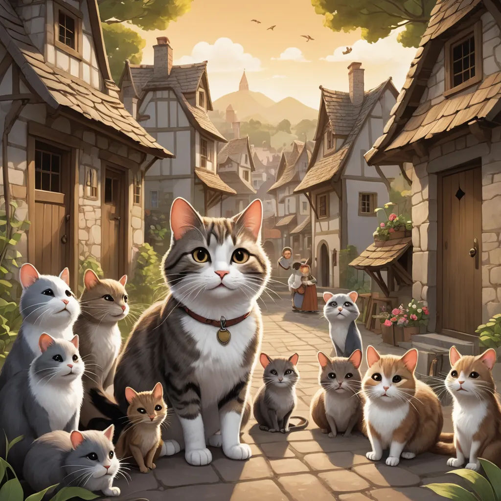 a group of cats sitting on a stone walkway in front of a village with a cat on the ground, sots art, a storybook illustration, David Teniers III, official art