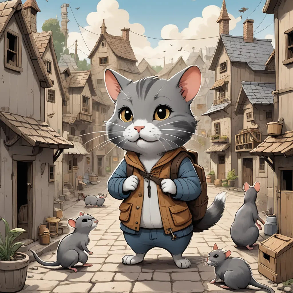 a cat is standing in a village with mice and a mouse in front of him, and a house, fantasy art, a storybook illustration, Chris LaBrooy, 2 d game art