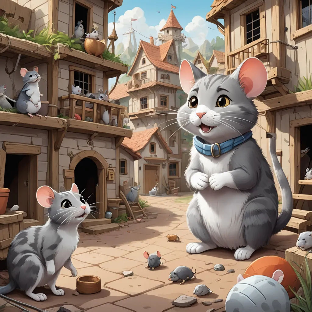 a cartoon mouse and a cat in a village with a mouse on the ground and a mouse on the ground, sots art, a storybook illustration, Chris LaBrooy, official art