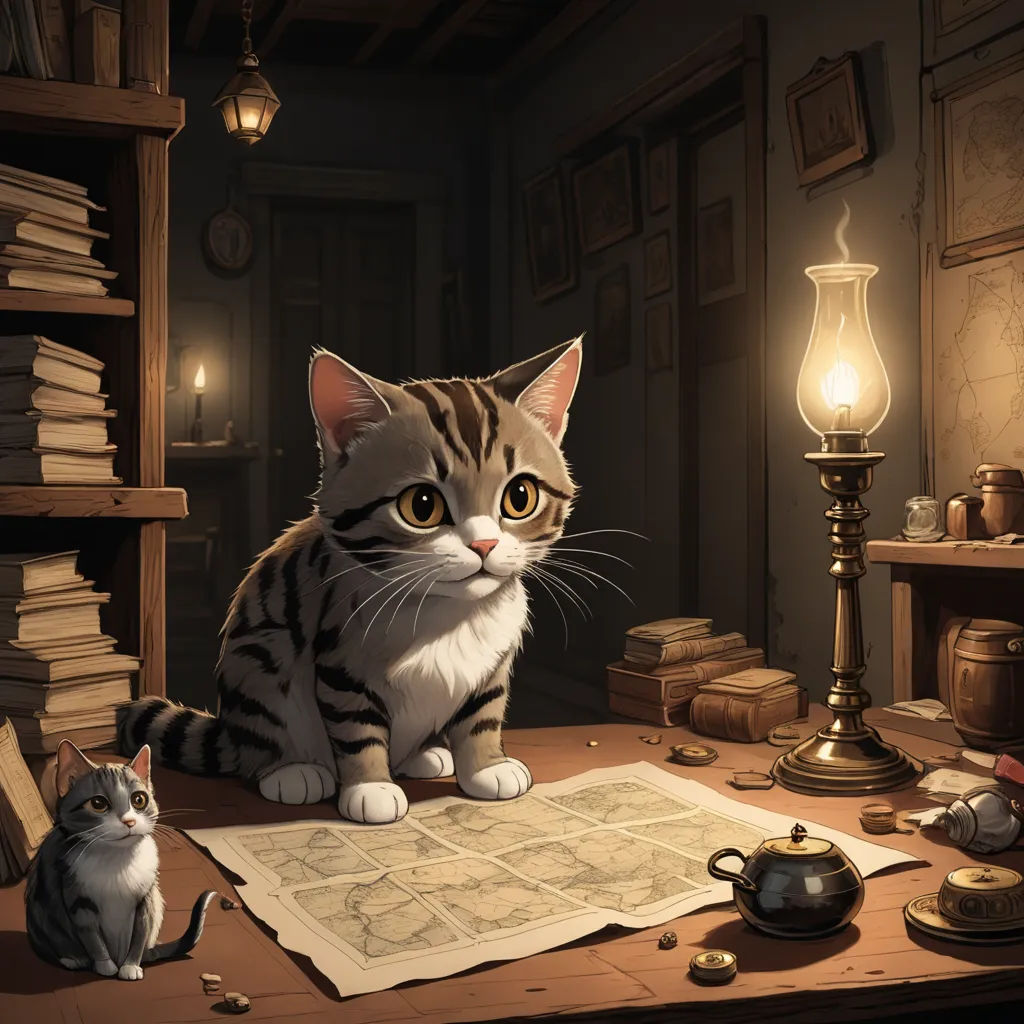 a cat sitting on a table next to a lamp and a book on a table with a lamp on it, fantasy art, a storybook illustration, Chris LaBrooy, trending on art station