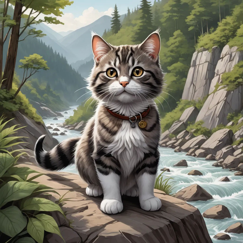 a cat sitting on a rock by a river with a forest in the background and a mountain stream running through it, sots art, a character portrait, Dan Mumford, official art