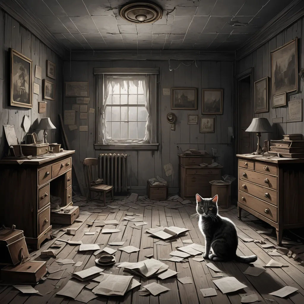 a cat sitting on a floor in a room with lots of papers scattered all over it and a lamp on the side of the room, fantasy art, a storybook illustration, Chris LaBrooy, highly detailed digital painting