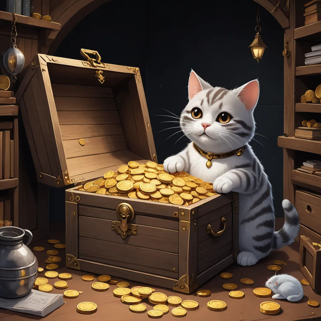 a cat sitting on a table next to a chest of gold coins and a teapot with a teapot on it, sots art, a character portrait, Chris Rallis, game art