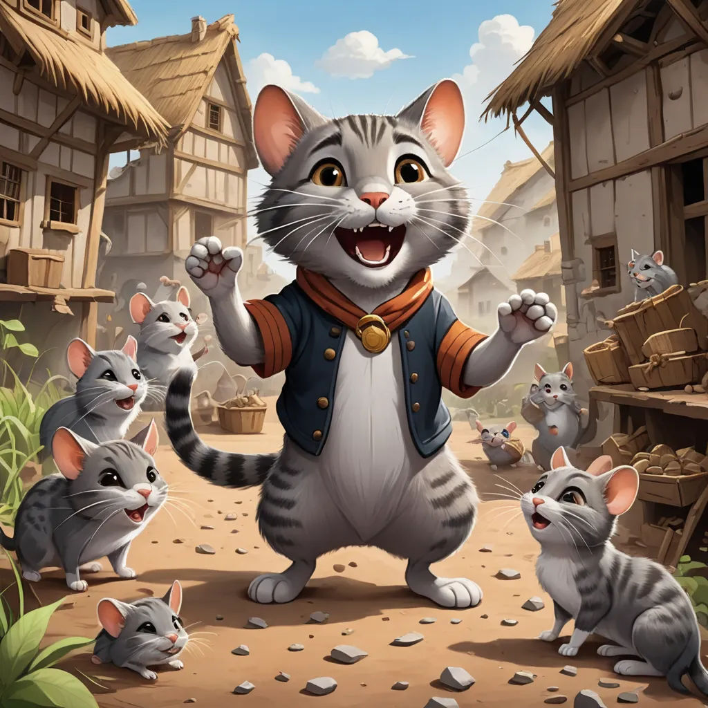 a cat is standing in front of a group of mice in a village with a thatched roof and a thatched roof, sots art, a character portrait, David Teniers III, official art