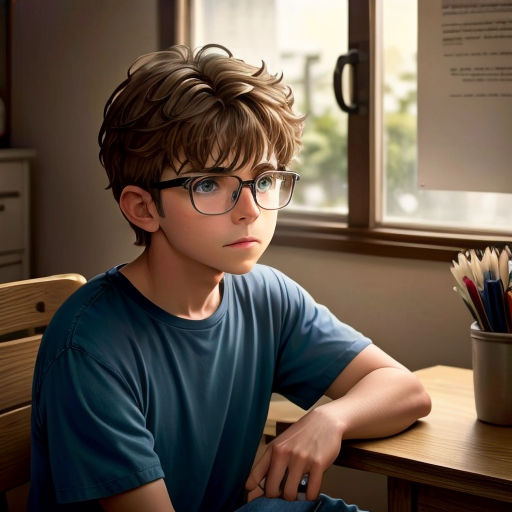 a boy with glasses sitting at a desk with a cup of pencils in front of him and a window behind him