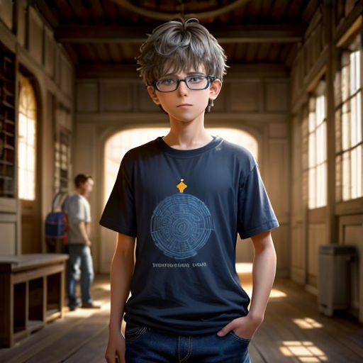 a young boy wearing glasses standing in a room with a man in the background looking at the camera and a person in the distance