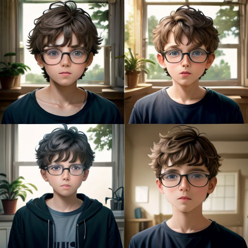 a series of four photos of a boy with glasses on his face and in front of a window, with a potted plant and a potted plant