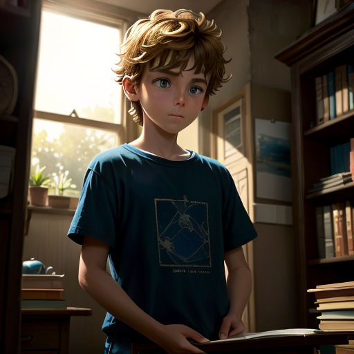 a boy standing in front of a book shelf with a book in his hand and a book in his other hand