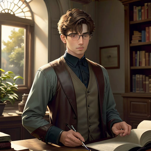 a man in a vest and glasses is writing in a book at a desk with a bookcase and a potted plant