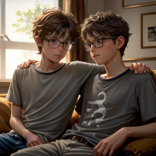 two boys sitting on a couch with their arms around each other, both wearing glasses and one wearing a t - shirt
