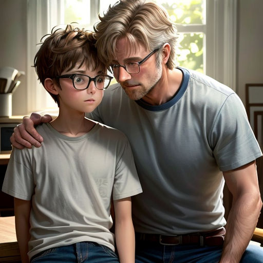 a man and a boy sitting next to each other on a table with a laptop computer on it's lap