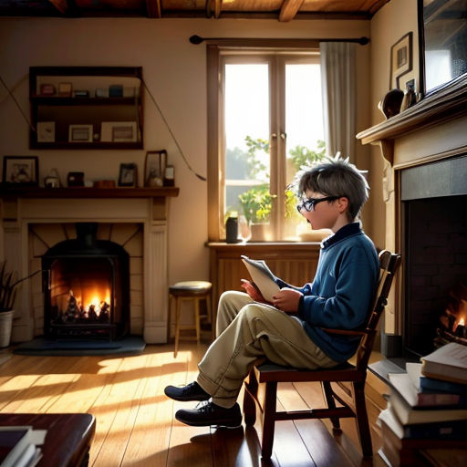 a boy sitting in a chair reading a book in front of a fireplace with a fire place in the corner