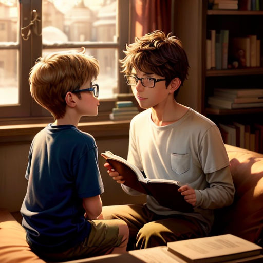 a boy and a boy sitting on a couch reading a book together in front of a window with a city view