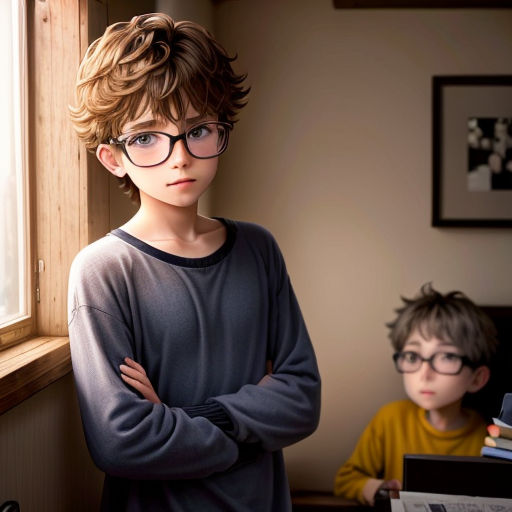 a boy with glasses standing next to a boy with a book in his hands and a book in his lap